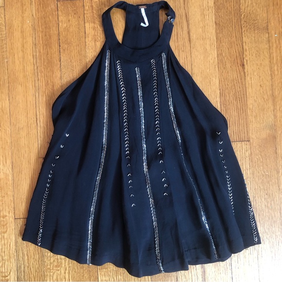 Free People Black Shimmer and Shine  Beaded Racerback Tank Top Blouse - Picture 4 of 7